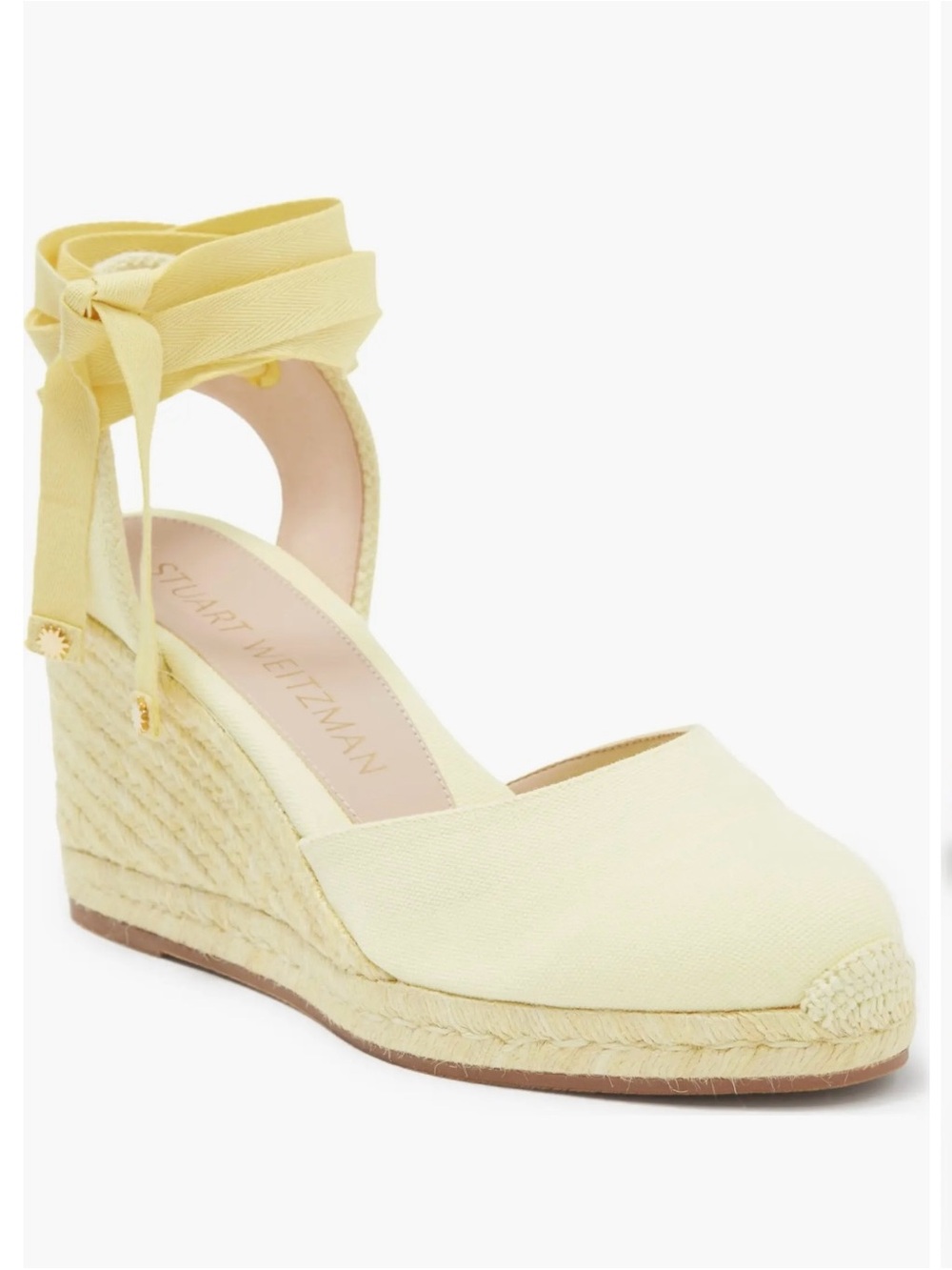 Stuart Weitzman Marguerita Pale Yellow Espadrille Wedge with tie up ankle strap